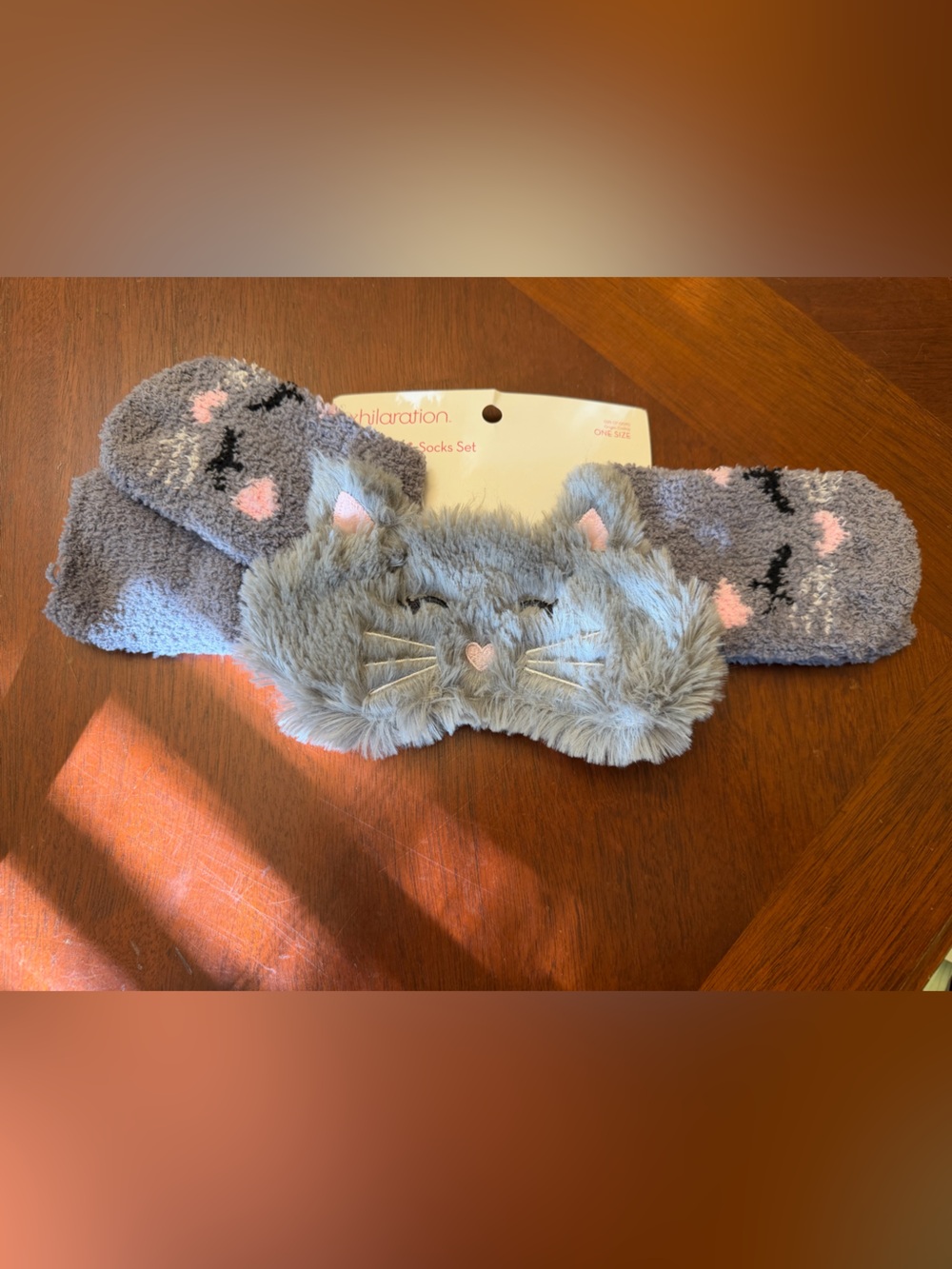 Xhilaration Gray Plush Cat Eye Mask and Socks Set with Pink Accents